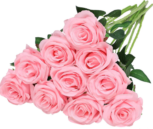 Artificial Silk Rose Flower Bouquet Lifelike Fake Rose for Wedding Home Party Decoration Event Gift 10Pcs (Pink)